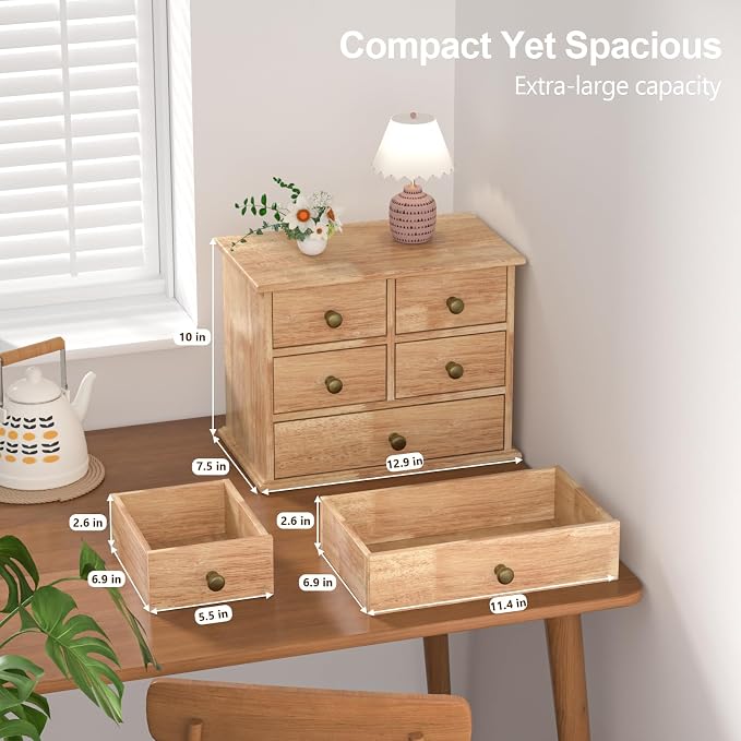 Oak Desk Organizer with Drawers, Wooden Desktop Storage Box with Metal Handles & Non-Slip Silicone Pads, 5 Drawer Tabletop Organizer for Office, Bedroom, Bathroom, Vanity, Makeup – Light Burnt Brown
