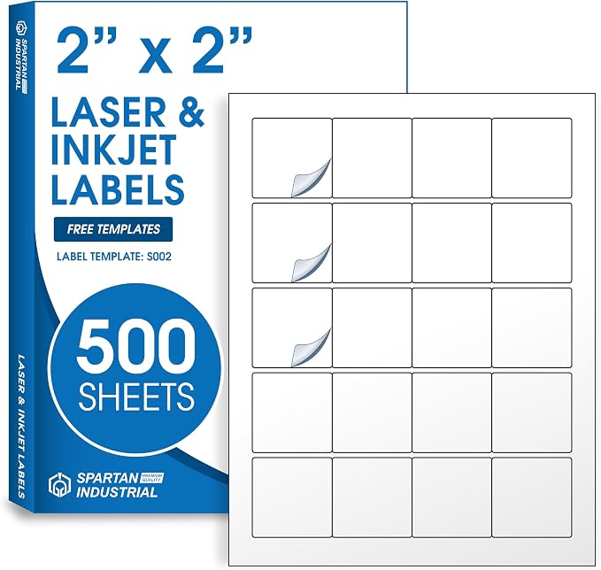 2" X 2" Matte White Printable Labels (500 Sheets, 10000 Stickers) Custom Labels, Logo Stickers, QR Codes for Laser & Inkjet Printers - Spartan Industrial Template S002