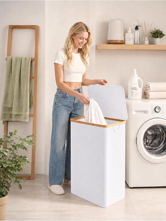 iEGrow 110L Laundry Hamper with Lid，Dirty Clothes Hampers for Laundry,Laundry Basket with Bamboo Handles and Removable Bag,Hamper for Bedroom, Bathroom, Dorm, Laundry Room, White