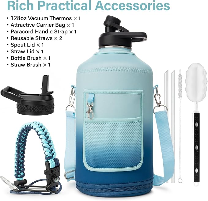 DYSANKY 1 Gallon Water Bottle Insulated | Thickened Stainless Steel Vacuum Metal Water Jug | Portable Sports Large for Gym and Hiking with Straw, Carrier Bag, Handle Strap | BPA-Free 128 oz