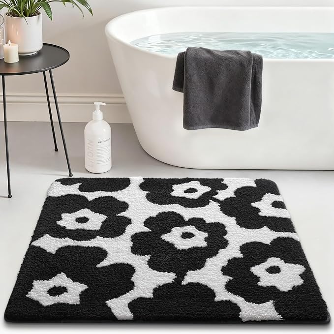 LUMI Floral Bathroom Rugs, Soft Absorbent Square Bath Mat, Non-Slip Quick Dry Luxury Rug, Flower Black White Mats for Shower Floor, Bathtub, Home Decor, Modern Aesthetic, 26"x26"