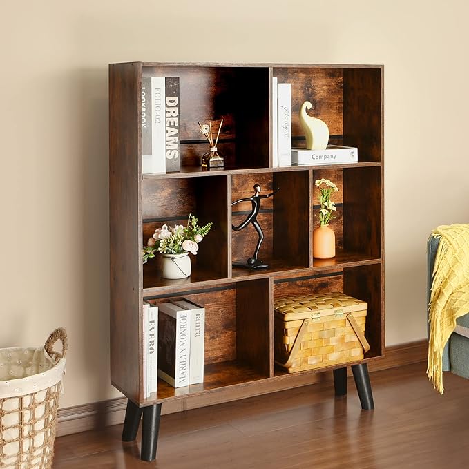 LEYAOYAO Cube Bookshelf, Mid-Century Modern Book Shelf with Legs, Brown | 3 Tier Bookcase, Rustic Wood Bookshelves, Freestanding Small Storage Organizer, Open Shelves for Bedroom, Living Room, Office