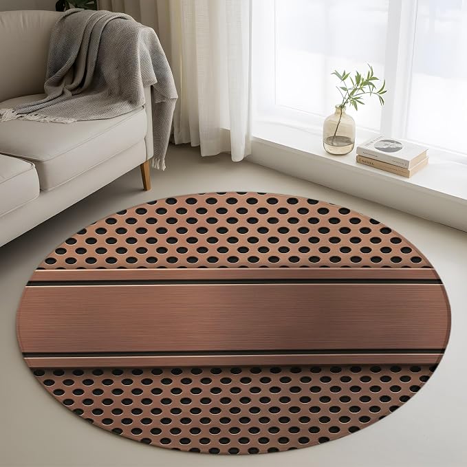 4 Ft Round Rug for Home Office, Brown Metal Hole Indoor Accent Rugs for Living Room, Copper Net Eye Hole Pattern Decorative Circle Carpet Washable Low Pile Non Slip, Soft Rug for Bedroom