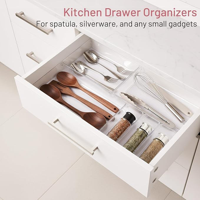 Drawer Organizer, 10 Pack Large Clear Plastic Organizer Bins 5 Sizes, Versatile Bathroom Drawer Trays, Heavy Duty Non‑Slip Drawer Dividers for Makeup, Office & Kitchen Utensils