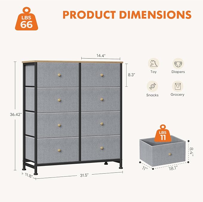 Sweetcrispy 8 Drawer Dresser for Bedroom, Organizer Storage Drawers, Blue | Fabric Storage Tower, Chest of Drawers with Steel Frame, Wood Top for Living Room, Closet