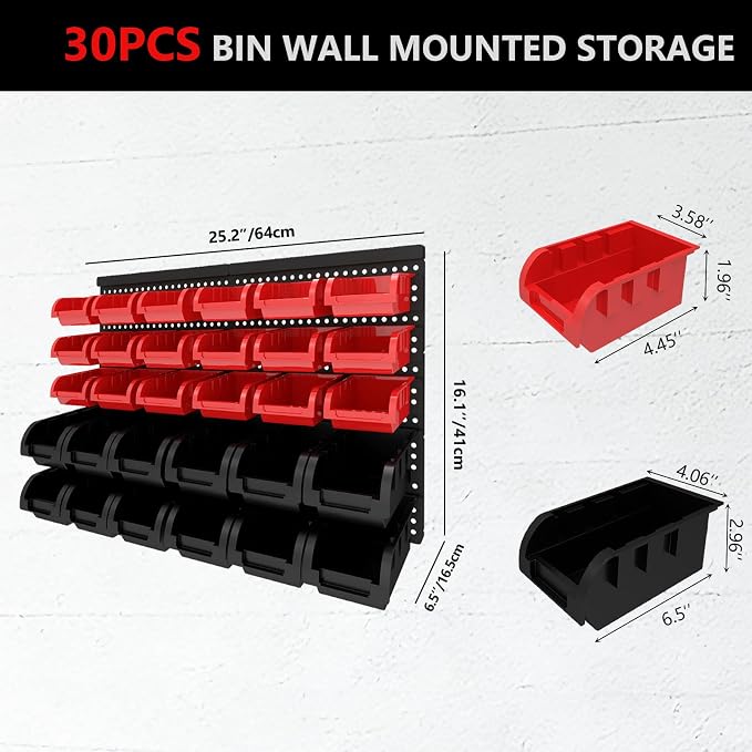 30Pcs Plastic Wall Mounted Storage Bins Parts Rack Nuts And Bolt Bins Organizer For Shop Garage for Screws, Nuts, Bolts, Nails, Beads, and Small Hardware Parts (RED+BLACK, 30)