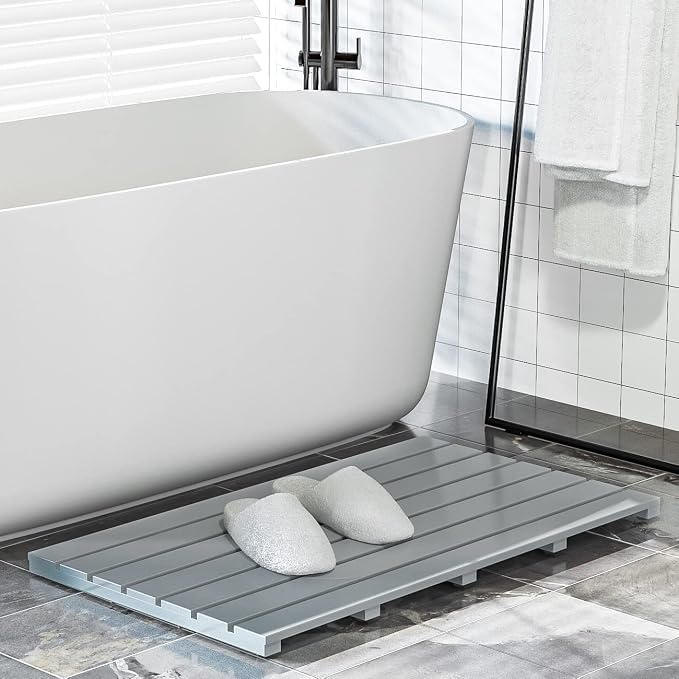 Bamboo Wooden Bath Floor Mat for Luxury Shower - Non-Slip Bathroom Waterproof Carpet for Indoor or Outdoor Use (Bluish Grey,31.3 x 18.1 x 1.5 Inches)