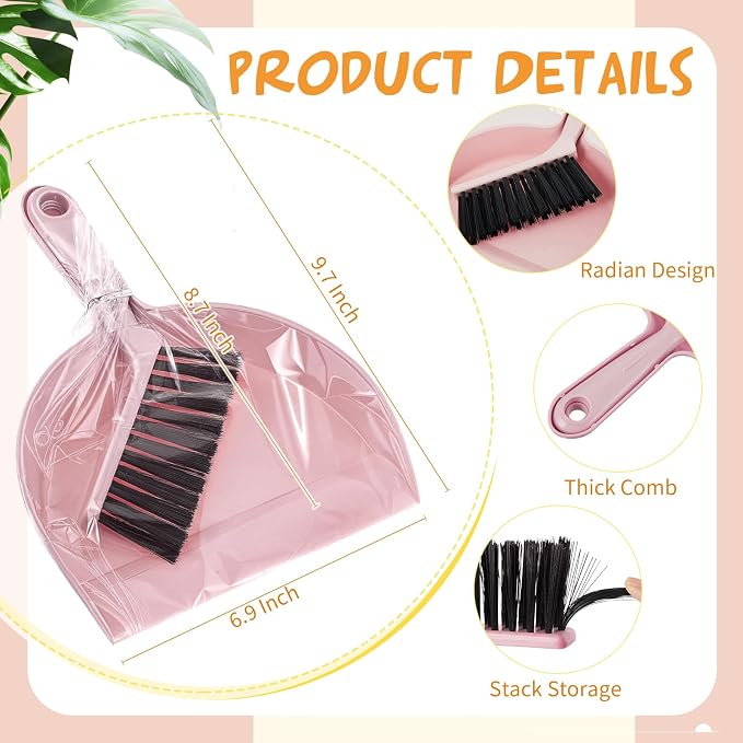 Sliner 18 Pack Mini Dustpan and Brush Set Nesting Snap Plastic Dust Pans with Brush Small Handheld Broom and Dustpan Set Bulk Portable Cleaning Suitable for Desktop Pets Care Camping(Pink)
