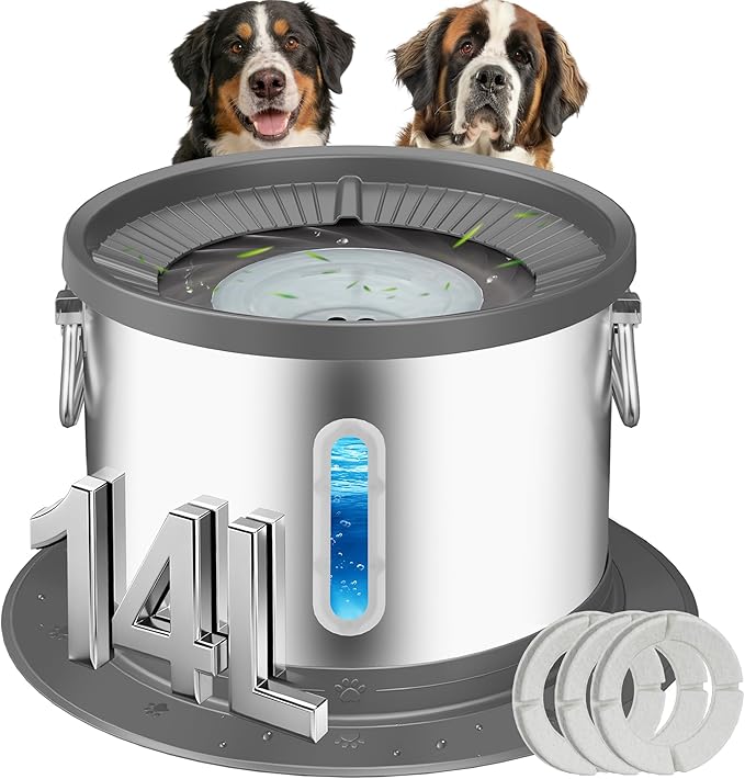 UPSKY 14L No Spill Dog Water Bowl, Spill Proof Slow Drinking for Large Dogs | Extra-large Capacity, 304 Stainless Steel, Dual-suction Anti-slip Base, Floating Disk, Water Window, For Messy Drinkers, Grey