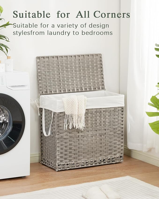 SETVSON Laundry Hamper with Lid Laundry Basket 132 L PE Rattan, Gray | 35 Gal PE Rattan Hamper with Lid, 4 Removable Washable Liners, 6 Mesh Laundry Bags, Steel Frame, Side Handles
