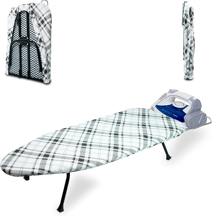 Metal Mesh Panel Tabletop Ironing Board | Foldable Iron Board | Heavy Duty Small Iron Board with Heat Resistant Cover and 100% Cotton 8mm Thicken Pad (Elegant)