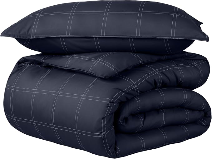 Bare Home Bedding Duvet Cover Set Extra Long Size - Premium 1800 Collection - Lightweight, Cooling - Soft Textured (Twin/Twin XL, Modern Plaid - Midnight Blue/White)