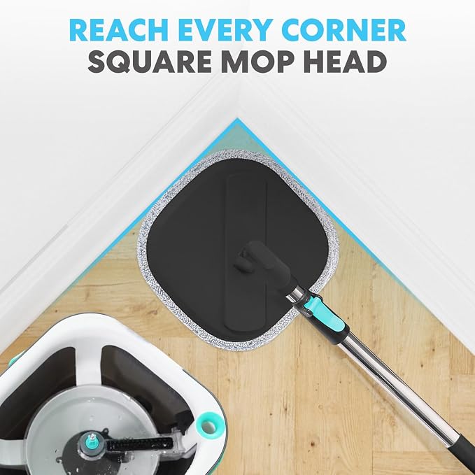 Simpli-Magic 360° Square Spin Mop and Bucket System – Dual Compartment, Separate Clean & Dirty Water – 3 High-Absorbent Microfiber Washable Heads – All Types Floor Cleaning