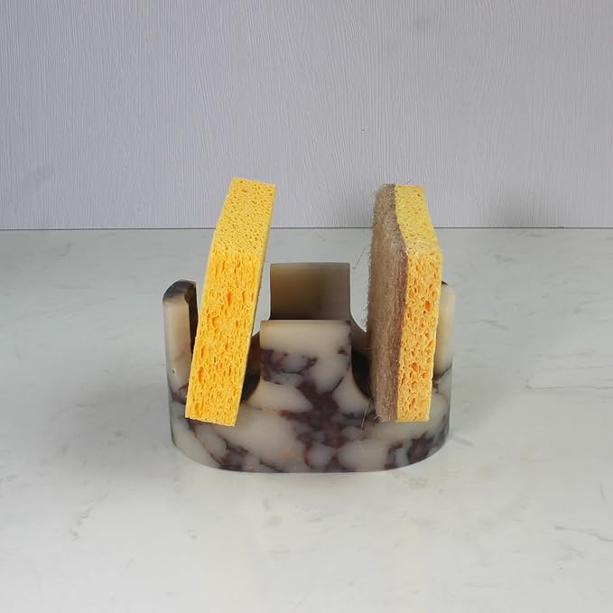 Nawgnail Natural Travertine Marble 2-Slot Sponge Holder for Kitchen Counter, 2-in-1 Stone Drying Rack, Sponge Caddy for Sink Organizer - Calacatta Viola Marble