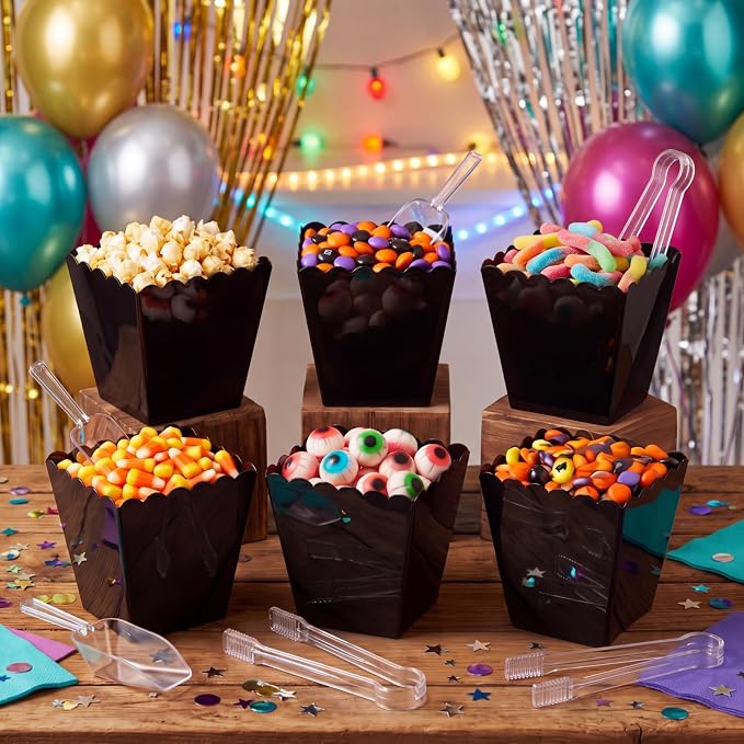 61 oz 6 Black Plastic Candy Bar Containers with 3 Tongs and 3 Scoops Halloween Party Supplies Reusable Scalloped Buffet Station Serving Bowls for Weddings Birthday Dessert Snack Box