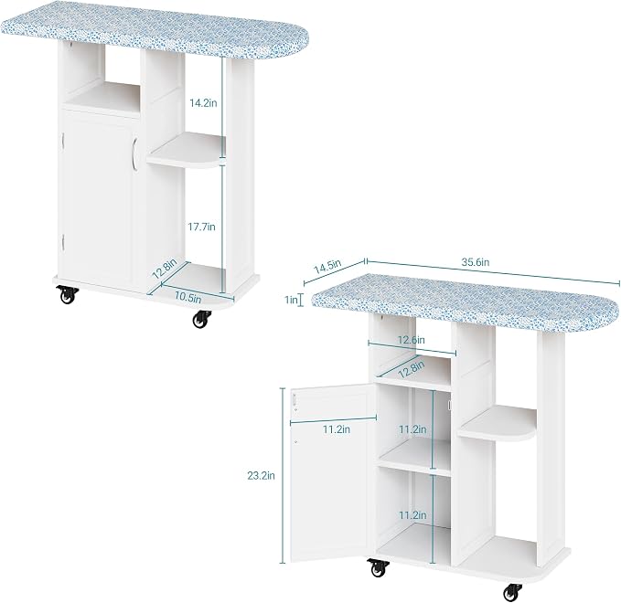 Rolling Ironing Board with Storage Cabinet, Small Ironing Table with Wheels | Ironing Board Cabinet with Fixed Heat-Resistant Pad, Ironing Table with Storage Shelves for Small Space, Laundry, Craft Room