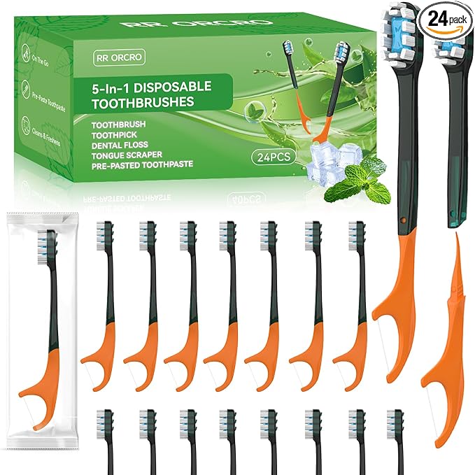 24Pack Disposable Toothbrushes with Toothpaste Pick Floss & Tongue Scraper | 5-in-1 Mini Prepasted Travel Toothbrush for Hotel Camping Flight Car Single Use Portable Individually Wrapped | Mint
