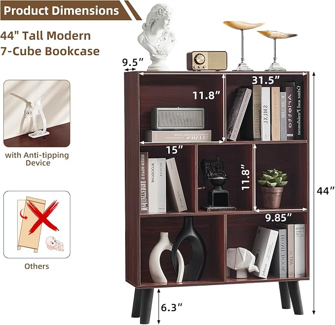 LEYAOYAO Cube Bookshelf, Mid-Century Modern Book Shelf with Legs, Walnut | 3 Tier Bookcase, Rustic Wood Bookshelves Freestanding Small Storage Organizer, Open Shelves for Bedroom, Living Room, Office