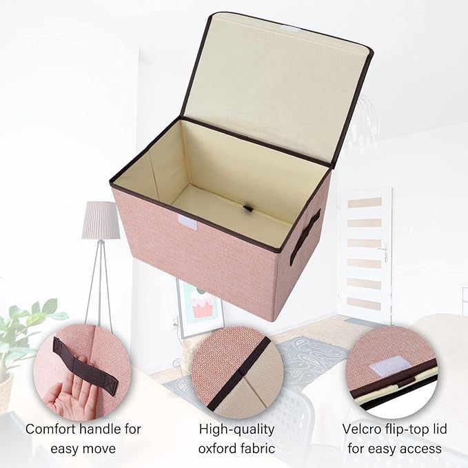 Bagnizer Linen Fabric Foldable Storage Cube Bin Organizer Basket with Flip-Top Lid & Handles, Large Clothes Blanket Box for Home, Office, Closet, Gray & Pink, 4 Pack 14.6 x 9.5 x 9.5”