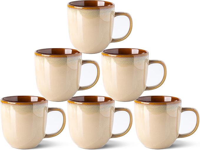 LERATIO Ceramic Coffee Mugs Set of 6,12oz Handmade Coffee Mugs Set | Large Handle for Cappuccino/Latte/Tea/Hot Cocoa,Oven &Dishwasher & Microwave Safe-Pale Kahki