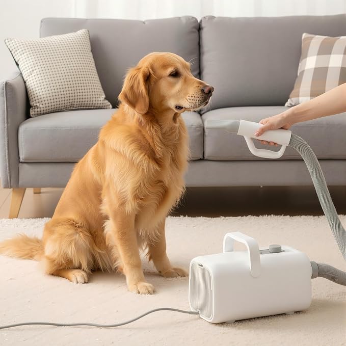 NEWBULIG Dog Hair Dryer, 1550W High Velocity Pet Blow Dryer with Heater for Grooming, Speed Temperature Adjustable Dog Blower Grooming with 4 Nozzles, White