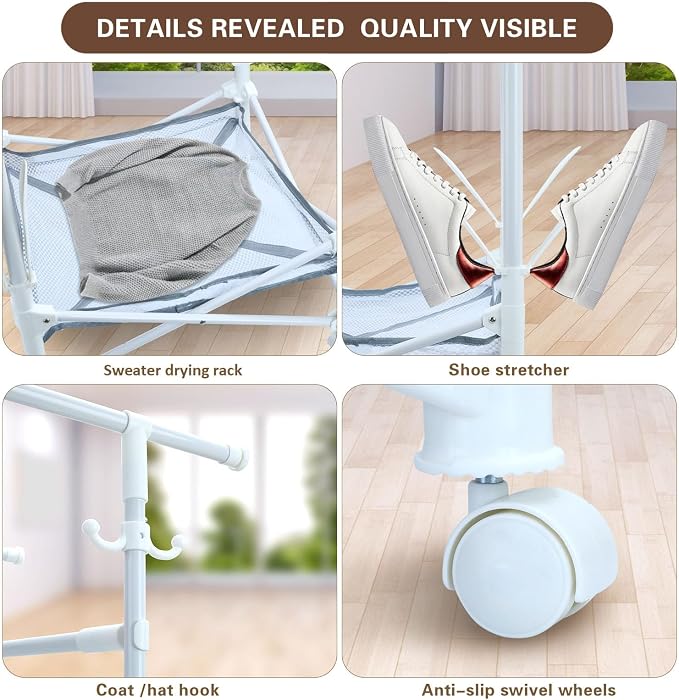 Foldable Clothes Drying Rack,Double Rod Extendable 33.1–56.7 Inches,Drying Rack Clothing with Wheels,Sweater Drying Net,Shoes Drying Rack,Hat Hanger