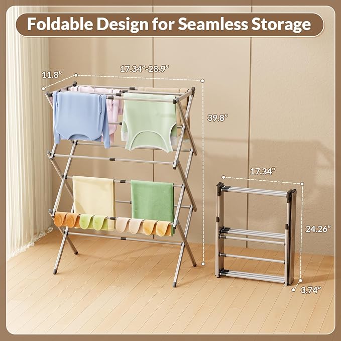 Collapsible Floor Drying Rack - Free Standing Accordion Laundry Dryer, Retractable Metal Clothes Hanger with Shoe Storage, Heavy Duty Rustproof Airer for Bathroom, Balcony & Delicates