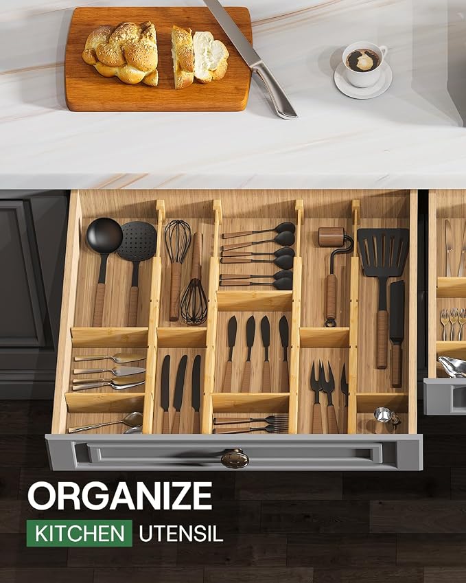 kiplant Kitchen Drawer Dividers - Adjustable Drawer Organizer for Clothes, Kitchen, Closet & Office - 8 Pack with Inserts, 18-22.6 Inches, Non-Slip Silicone Ends