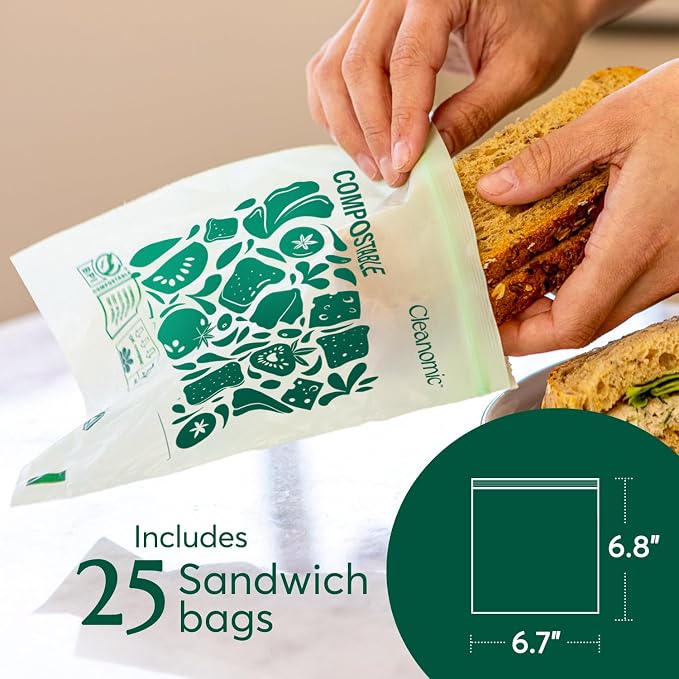 Cleanomic Compostable Zip Sandwich Bags - Leak Resistant, Gallon, Quart, Sandwich, Snack - 125 Count