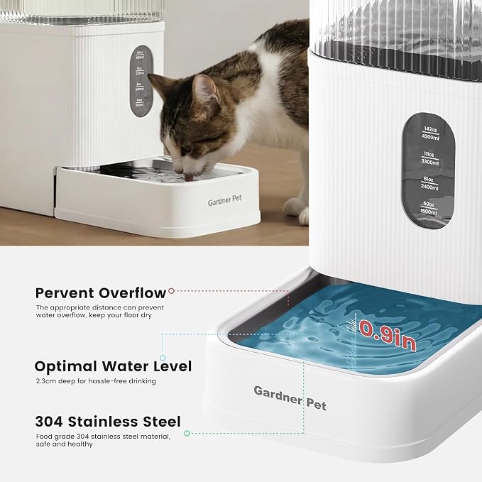 Gardner Pet 2.9 Gallon Automatic Dog Water Bowl Dispenser 11L Gravity Water Feeder with Stainless Steel Bowl & Maifan Stone Filter, BPA-Free for for Cats and Dogs (White, 2.9 Gallon)