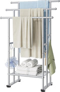 ELYKEN 3 Tier Freestanding Towel Rack with Shelf, 40" H Towel Stand, Silver | Metal Drying Rack for Oversized Bath Towels & Blankets, 4 Hooks, Indoor & Outdoor Use, Fits Bathroom, Tub, Shower, Poolside