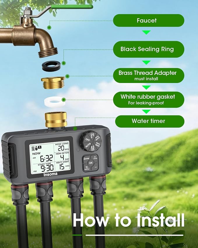 Insoma Water Timer with Brass Inlet & Outlet, 4 Independent Zones Outdoor Hose Timer for Garden Faucet with Auto/Manual/Rain Delay Mode, IPX5 Waterproof, Sprinkler Irrigation Controller for Yard Lawn