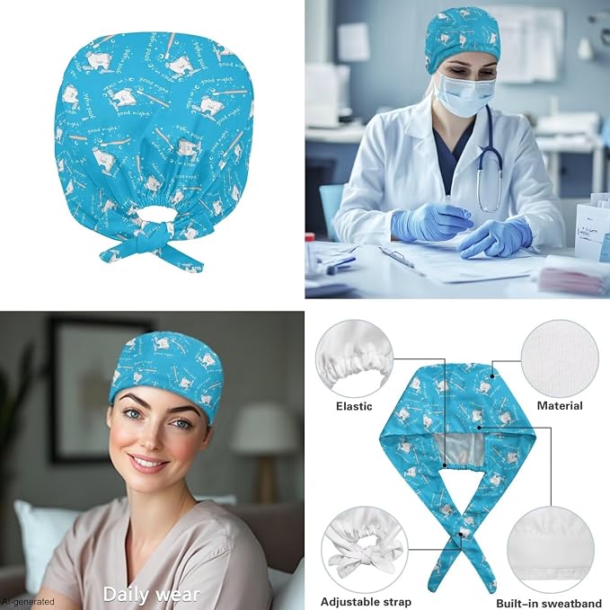 Gomyblomy Women's Scrubs Suit 3-Piece Set | Teeth Print V-Neck Top & Pants & Cap, Breathable and Stretch Fabric, S-5XL