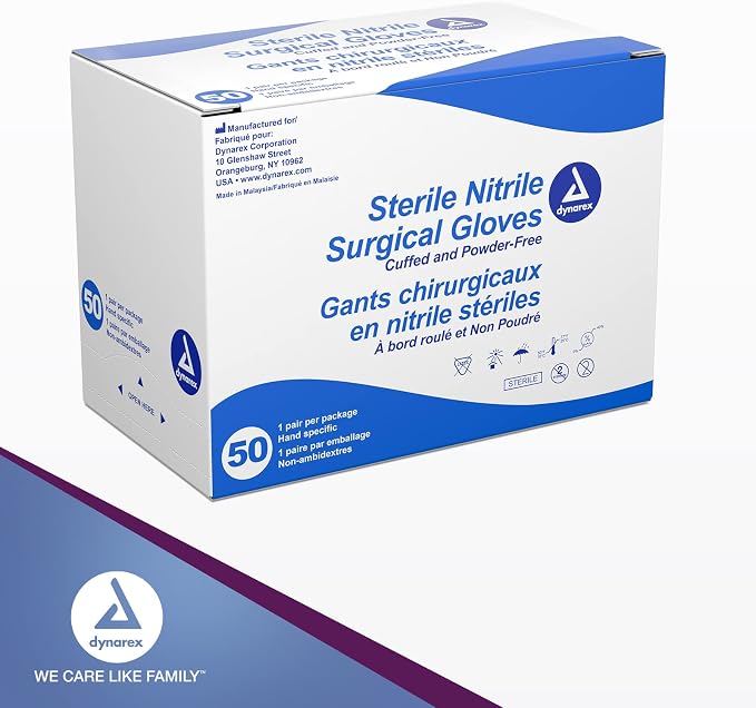 Dynarex Sterile Nitrile Surgical Gloves, Powder Free, Size 8, 50 Pairs of Gloves, White, 8.0