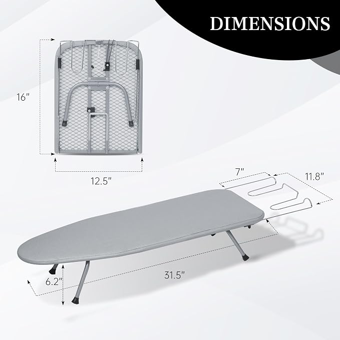ZOES HOMEWARE Ironing Board, Small Iron Board with Iron Rest, Mini Tabletop Ironing Board with Heat-Reflective Cover and 100% Cotton 8mm Thicken Pad, 31.5"x11.8"x6.2", Silver