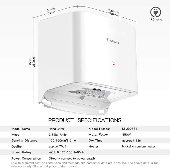 modunful Commercial Hand Dryers for Bathroom: 110V Plug in Hand Dryer, Warm/Cold Dual Airflow, Venue Pure D52327