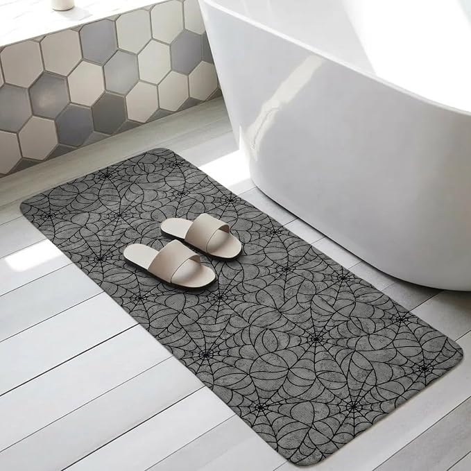Runner Rug Indoor Outdoor 15.7"x47.2", Grey Halloween Absorbent Non Slip Entry Door Mat, Black Spiders Net Classic Gingham Low-Profile Hallway Rugs for Kitchen Laundry Room Entryway Mudroom Apartment
