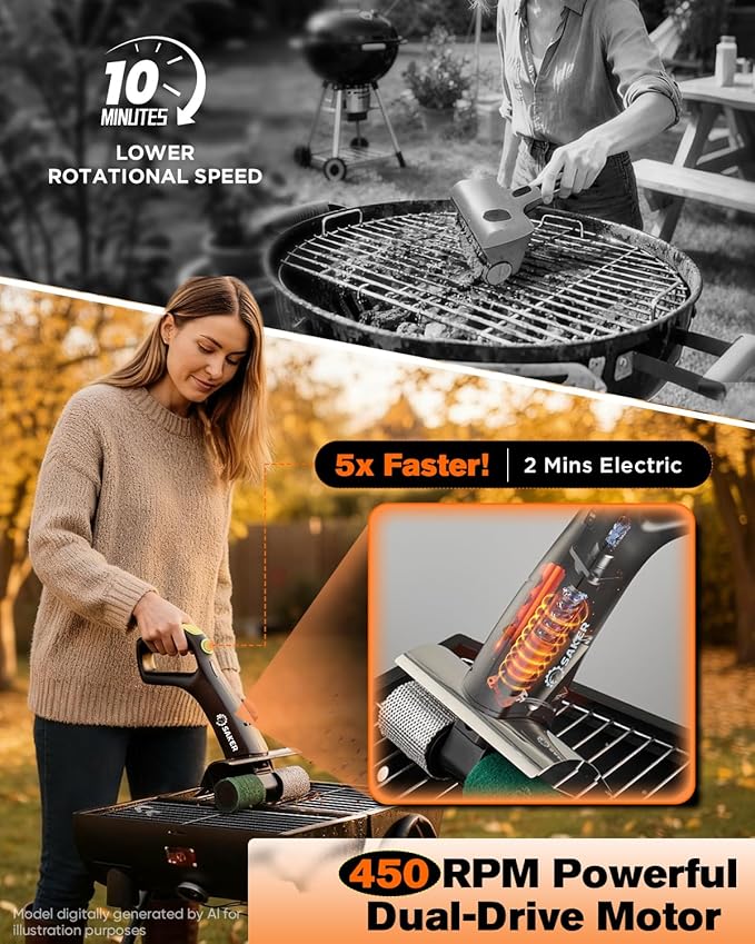 Saker Electric Grill Brush, 450 RPM Automatic BBQ Cleaning Tool with LED Light & 3 Interchangeable Heads – Cordless, Bristle-Free Grill Scrubber for Outdoor Cooking Accessories
