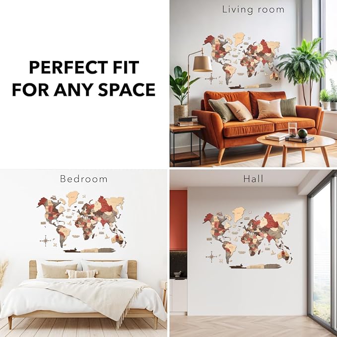 Enjoy The Wood 3D Wooden World Map Wall Art - Large Travel Map with Pins for Art Decor - Decorative Map of the World for Home, Office - Travel Wall Art Housewarming Gift Idea (Fusion, M, Unframed)