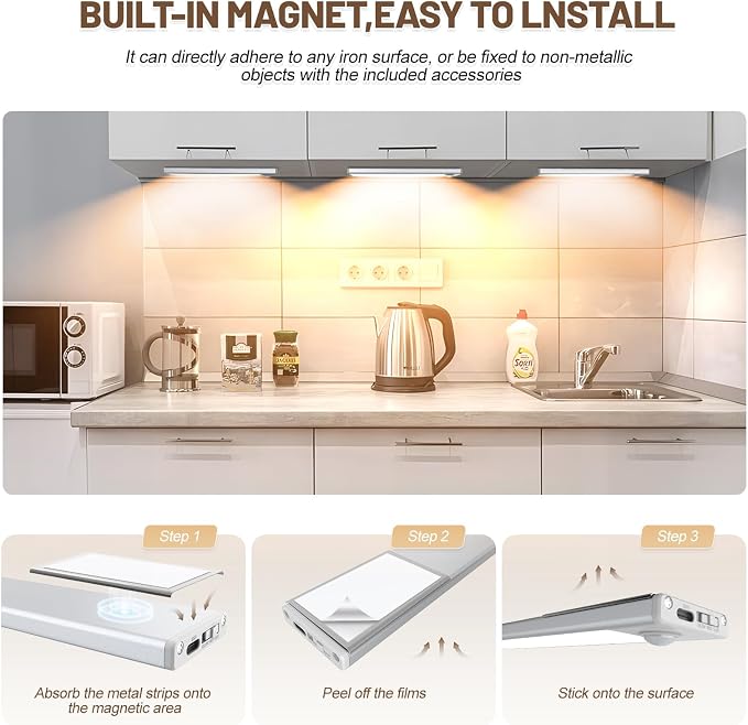 6 Pack Under Cabinet Lighting Wireless, 68 LED Rechargeable Battery Motion Sensor Light Indoor, Stick On Magnetic Closet Lights, Under Counter Lights for Kitchen, Stairs, Warm 16 in