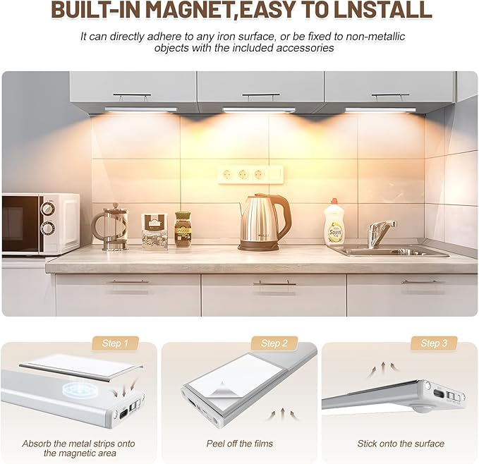 6 Pack Under Cabinet Lighting Wireless, 58 LED Rechargeable Battery Motion Sensor Light Indoor, Stick On Magnetic Closet Lights, Under Counter Lights for Kitchen, Stairs, Warm 14 in