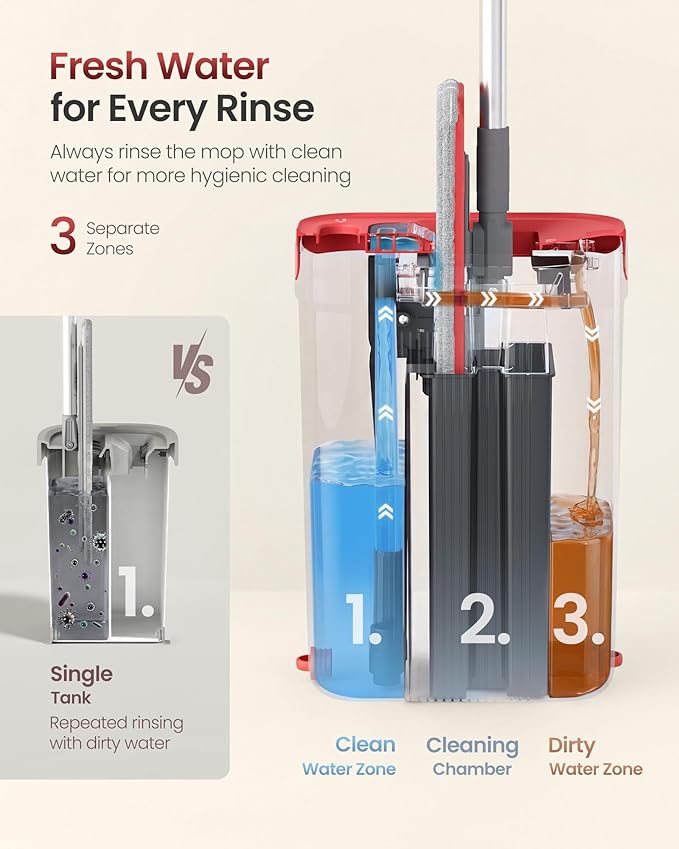 SONGMICS Mop and Bucket Set, Flat Mop with 3-Chamber Clean & Dirty Water Separation System, Wringer Bucket, 360° Rotating Head, 3 Microfiber Pads, Gray and Red ULMB001GT03