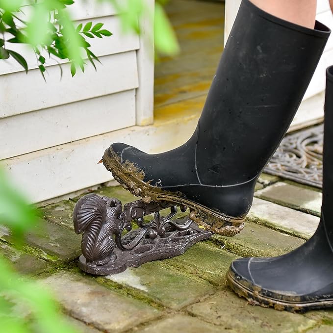 Sungmor Heavy Duty Cast Iron Boot Scraper, Vintage Rustic Black Squirrel Boot Cleaner, Garden Front Door Entrance Shoe Scrubber Mat, Farmhouse Outdoor Patio Decorative Mud Cleaner