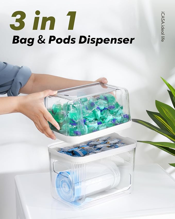 iCASA Trash Bag and Dishwasher Pod Dispenser - 3 in 1 Clear Storage Bins Holder for 13/30/33 Gallon Garbage Bags, Laundry Detergent Pods & Tabs, Under Sink Organizer for Kitchen and Laundry Room