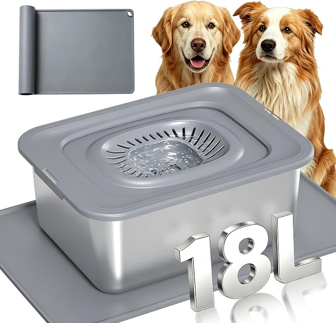 18L/4.75Gal Large Dog Water Bowl No Spill Stainless Steel | Pet Water Bowl for Messy Drinkers, Anti-Slip XXL Silicone Mat, Floating Disk & Dual Filtration