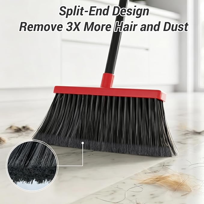 Broom with Dustpan Combo Set, Long Handle Upright Standing Self-Cleaning Broom and Dustpan Set for Pet Hair & Dust Cleanup, Indoor Outdoor Use for Home, Kitchen, Office, Red & Gray
