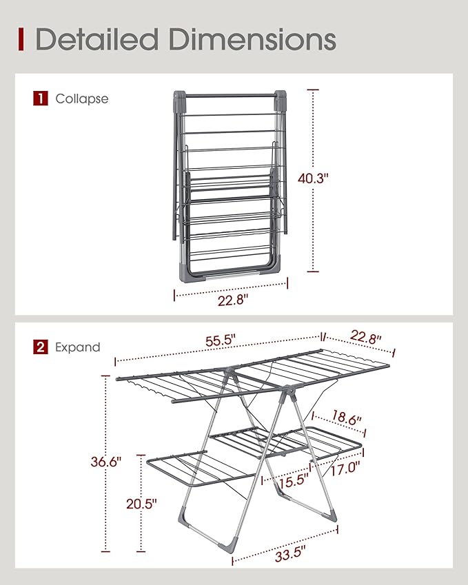 Sakugi Clothes Drying Rack, Foldable 2-Level Laundry Drying Rack with Height-Adjustable Wings, for Clothing & Bedding, Free-Standing Space-Saving Rack, Indoor & Outdoor, 55.5" L × 22.8" W, Gray