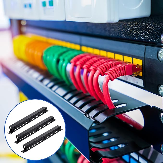 8 Pieces 19 Inch Cable Manager 1U 24 Slot Horizontal Server Rack Mount Cable Management Organizer Raceway Metal Finger Duct with Cover and Screw for Wire Network Wall Cord, Black