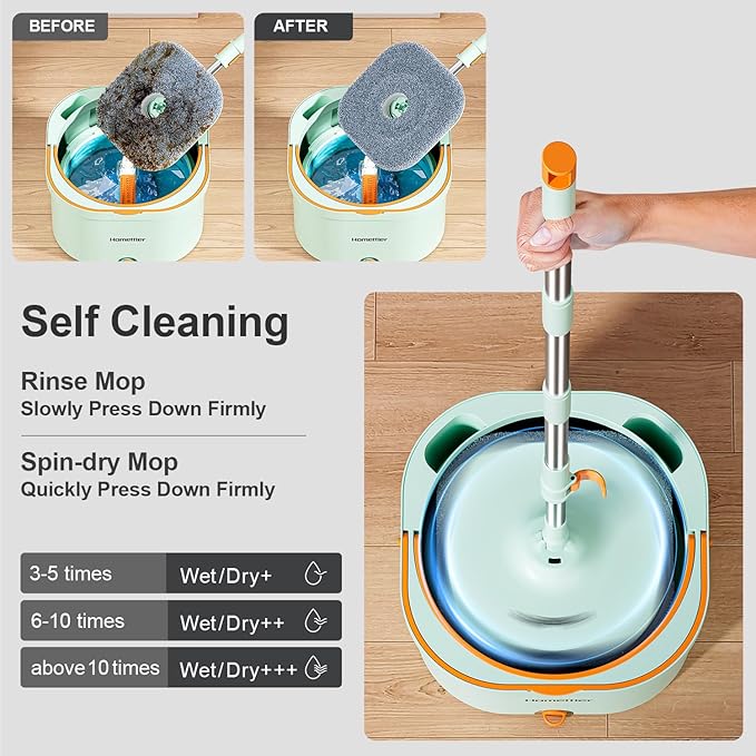 HoMettler Mop and Bucket Set | Spin Mop with Dual-Tank Clean/Dirty Water Separation | 6 Microfiber Pads for Deep-Cleaning Floors | Versatile Mops Triangular Head for Walls