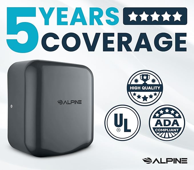 Alpine Commercial Automatic Hand Dryer - High Speed Air Hand Dryer for Home, Restaurant, Bathroom, and High Traffic Areas. 1800 Watts / 110-120 Volts (Grey)